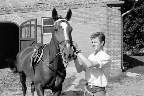 ARH NL Dierssen 1610/0002, Springreiter Hermann Schridde mit einem Pferd, Meißendorf, zwischen 1968/1969