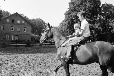 ARH NL Dierssen 1612/0005, Springreiter Hermann Schridde mit Kind auf einem Pferd, Meißendorf, zwischen 1968/1969