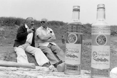 ARH NL Mellin 01-133/0013, Zwei Flaschen "Troyanska Slivova" (Pflaumenbrand) vor zwei im Gras sitzenden Männern, ohne Datum