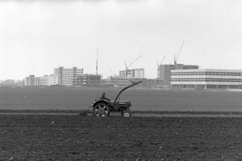 ARH NL Mellin 02-100/0008, Traktor beim Pflügen eines Feldes, im Hintergrund ein Neubaugebiet, Burgdorf?, um 1970