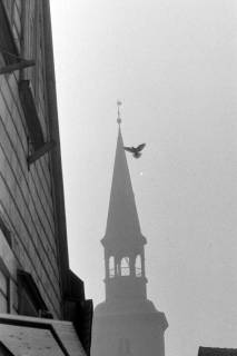 ARH NL Mellin 02-107/0007, Blick auf die Turmspitze der Pankratiuskirche, Burgdorf, um 1970