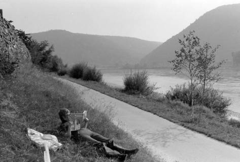 ARH NL Mellin 02-113/0002, Frau von Mellin? am Wegesrand im Gras neben der Donau liegend, Dürnstein(?), um 1975