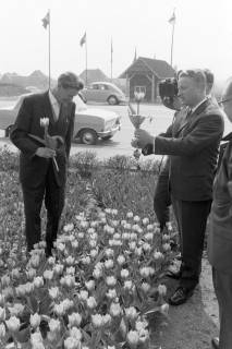 ARH NL Mellin 02-173/0015, Wilfried Hasselmann (rechts) mit Kameramann und weiteren Männern zu einer Blumenschau am Essmannshof, Deckbergen, um 1970
