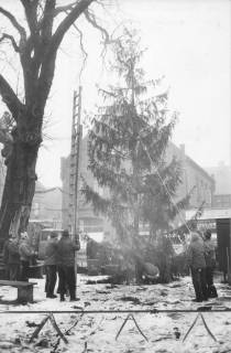 ARH Slg. Bartling 972, Männer beim Aufrichten eines Weihnachtsbaumes auf dem verschneiten Kirchplatz neben der Kastanie, Blick nach Norden auf die Front des Hauses Behrens, Neustadt a. Rbge., 1971