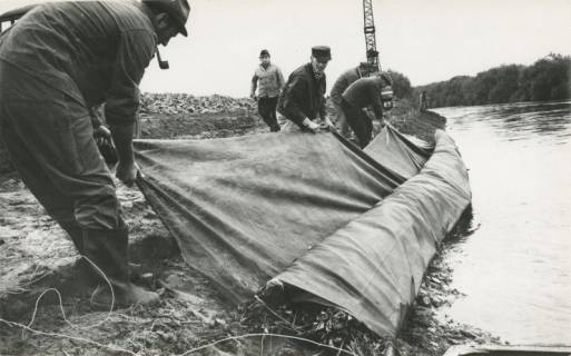 ARH Slg. Bartling 1025, Sechs Männer befestigen mit Planen das vom Hochwasser bedrohte Ufer der Leine, Neustadt a. Rbge., 1970