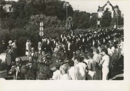 ARH Slg. Bartling 1028, Schützen mit Frack und Zylinder ziehen in Dreierreihe über die Herzog-Erich-Allee zum Schützenplatz, Neustadt a. Rbge., um 1975