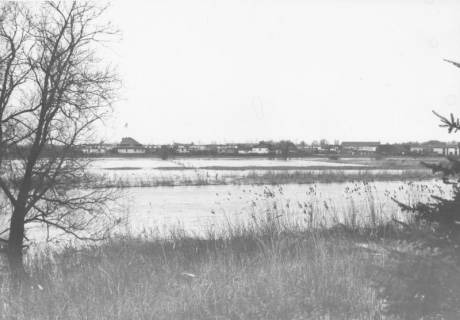 ARH Slg. Bartling 1068, Leinehochwasser im Spätherbst, Blick vom östlichen Ufer nach Westen, am gegenüberliegenden Ufer die Häuser des Silbernkamps, Neustadt a. Rbge., um 1980