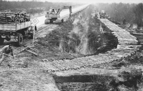 ARH Slg. Bartling 1195, Moorstraße mit parallel verlaufendem Kleinbahngleis (links), Verlegung von Bohlen eines parallel verlaufenden Knüppeldamms zum Anschluss an den Vogeldamm (rechts), Steinhuder Meer, 1974
