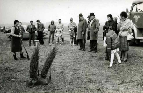 ARH Slg. Bartling 1384, Gruppenbild mit Elisabeth Huntemueller aus Amedorf, Vorsitzender der Kreisgruppe Neustadt des Heimatbundes Niedersachsen (li.), bei einer Baumpflanzaktion auf einem freien Feld, um 1980