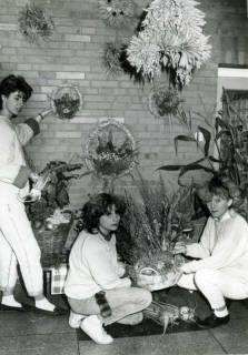 ARH Slg. Bartling 1408, Blumenhaus Janßen, drei junge Floristinnen im Laden bei der Anfertigung und Präsentation herbstlicher Gestecke, Amedorf, um 1980