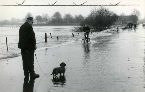 ARH Slg. Bartling 1574, Leine-Hochwasser am Fährhaus, Männer zu Fuß, mit dem Fahrrad und mit einem Dackel auf dem Weg durch das Wasser, Bordenau, 1974