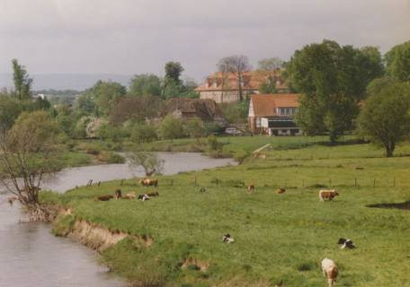 ARH Slg. Bartling 1585, Leineaue, Blick über die mäandernde Kleine Leine und die Uferwiesen auf die Wassermühle und das Schloss nach Süden, am Horizont der Deister, Neustadt a. Rbge., um 1975