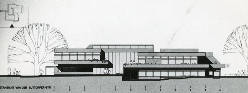 ARH Slg. Bartling 2632, Westansicht des geplanten Freizeitzentrums (FZZ), Suttorfer Staße, Architekturzeichnung, Neustadt a. Rbge., 1969