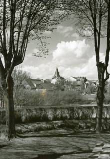 ARH Slg. Bartling 3233, Altstadt-Panorama, Blick vom Kriegerdenkmal an der Suttorfer Straße zwischen zwei Bäume über die Leine auf das westliche Ufer mit dem Turm der Liebfrauenkirche, Neustadt a. Rbge., um 1975