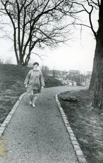ARH Slg. Bartling 3642, Neu geschaffene Parkanlage am Erichsberg mit Fußweg über den Hügel (im Winter), darauf eine junge Frau aus dem Bild schreitend, Neustadt a. Rbge., um 1975