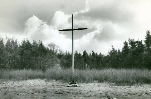 ARH Slg. Bartling 4638, Blick auf das Feldkreuz vor dem Wald und dem Himmel, Metel, um 1980