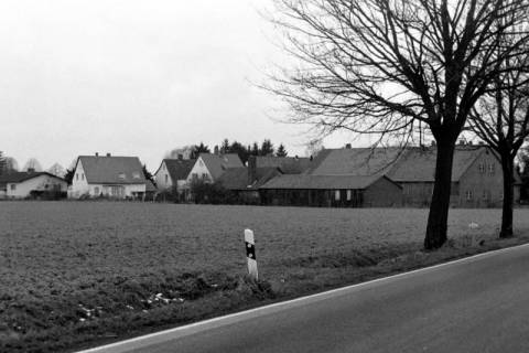 ARH Slg. Weber 02-004/0017, Ein alter Hof und weitere Häuser an einem Feld und einer Straße, zwischen 1980/1990