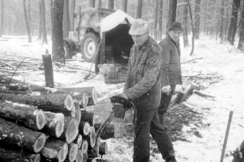 ARH Slg. Weber 02-017/0004, Zwei Männer bei Holzarbeiten in einem Wald im Winter, zwischen 1980/1990