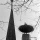 Archiv der Region Hannover, ARH NL Mellin 01-131/0011, Storch im Nest vor einem Kirchturm