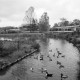 ARH NL Mellin 02-150/0004, Blick über Enten auf einem angelegten Fluss und Teich auf ein Gebäude