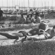 ARH Slg. Bartling 1187, Weisse Düne, 2 Jungen nebeneinander auf dem Radweg liegend und in der Sonne badend, dahinter eine Gruppe weiterer Badegäste und der Bootsanleger, Steinhuder Meer