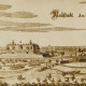 ARH Slg. Bartling 1581, Schloss und Stadt (inkl. Wappen) Neustadt am Rübenberge, Panorama (mit Blick über die Leinebrücken) von Osten, Kupferstich von Matthäus Merian d. Ä. (1593-1650) um 1650, Neustadt a. Rbge.