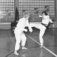 ARH Slg. Bartling 2075, Zweikampf-Training eines Paares der Karateka im Karate-Gi des OYAMA-Karate-Kai-Vereins in einer Sporthalle mit einer Fensterwand aus Glasbausteinen
